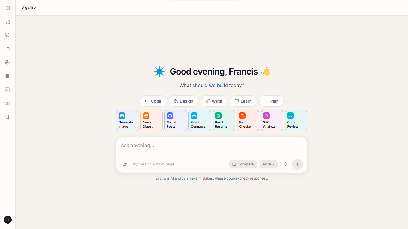 Zyctra AI-powered assistant platform screenshot